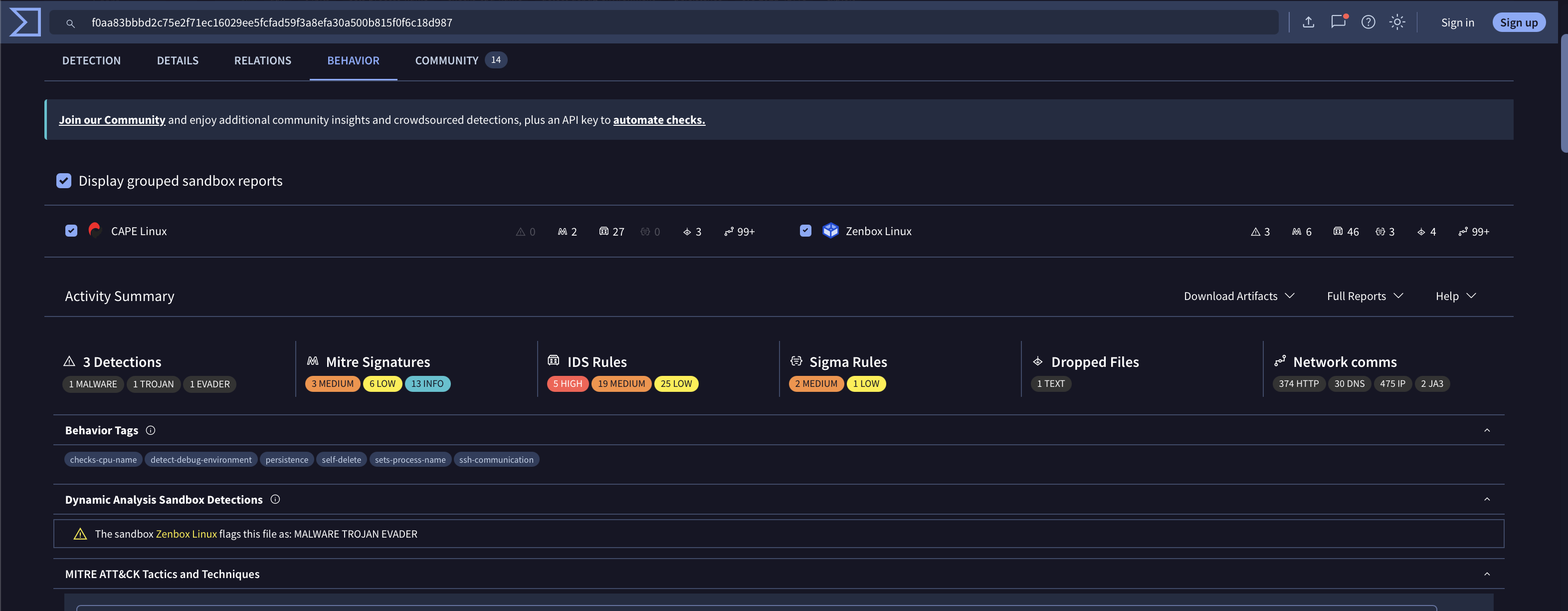 VirusTotal behavior summary for the captured RedTail binary